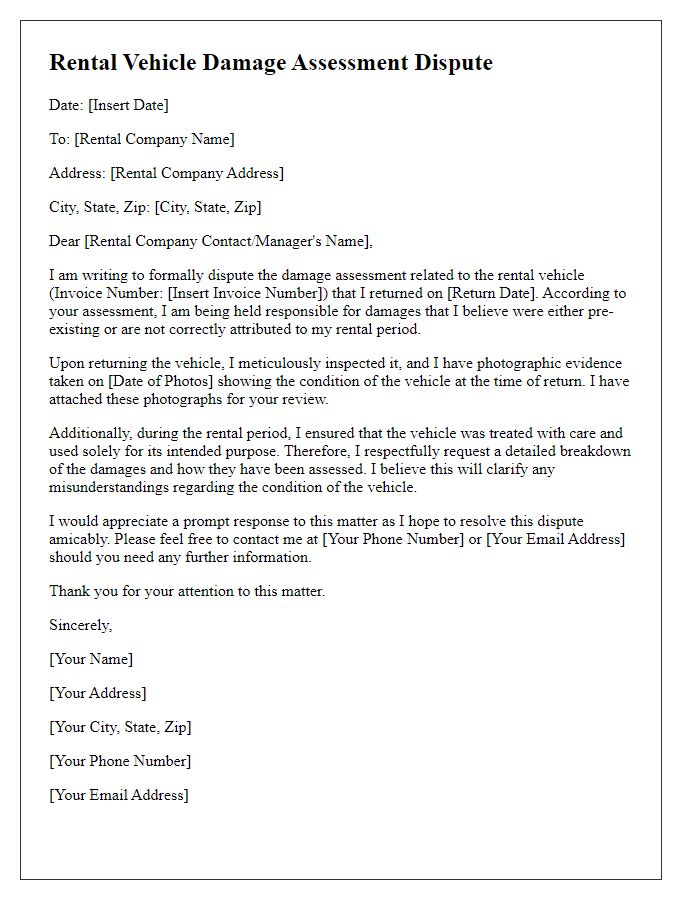 Letter template of rental vehicle damage assessment dispute