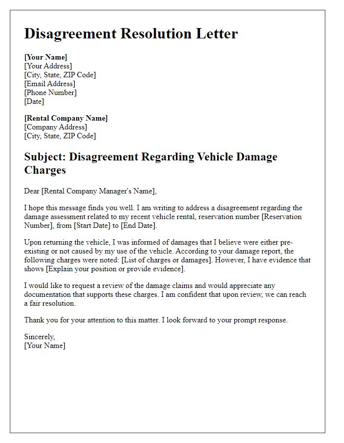 Letter template of vehicle rental damage disagreement resolution