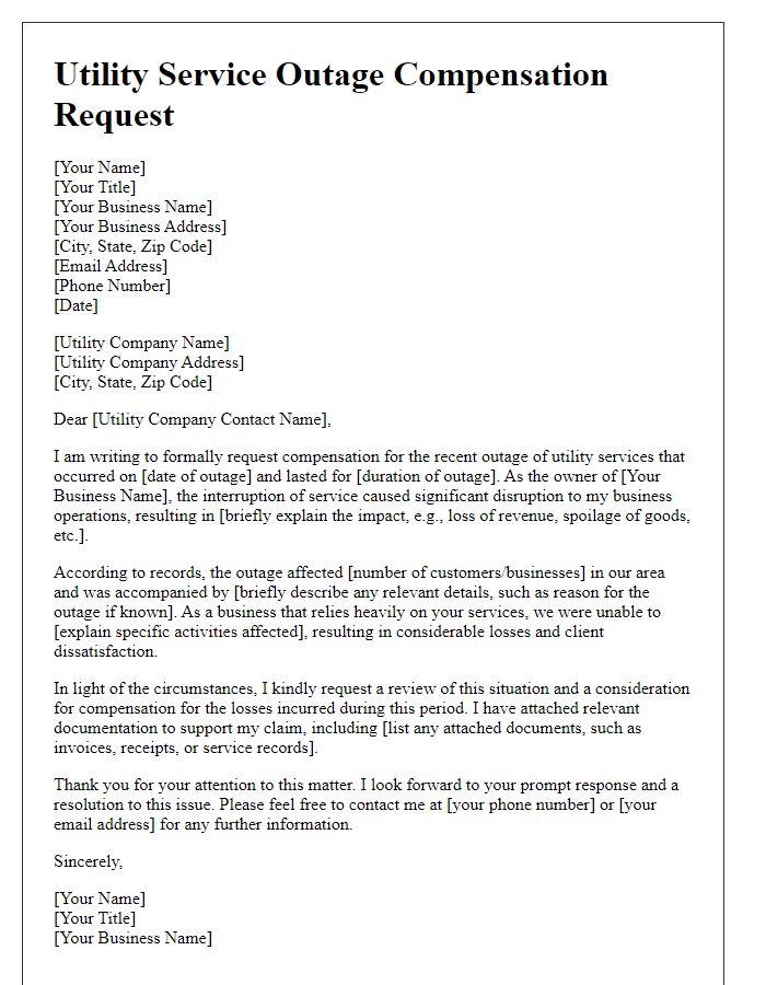 Letter template of utility service outage compensation request for business owners