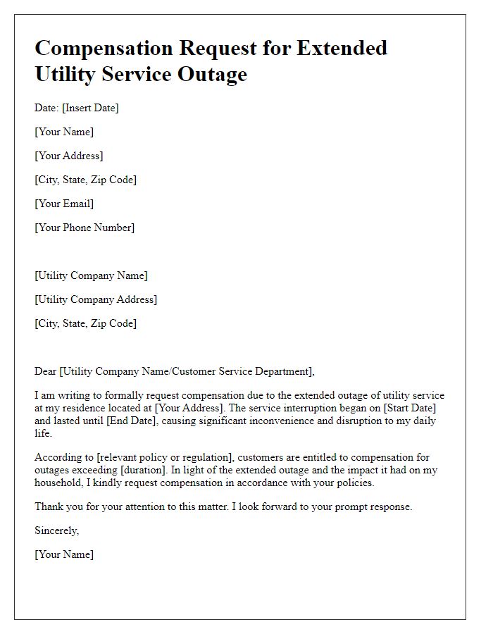 Letter template of utility service outage compensation request for extended outages