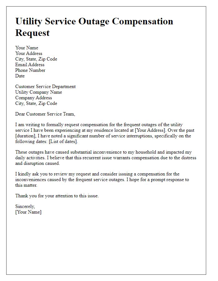 Letter template of utility service outage compensation request for frequent outages