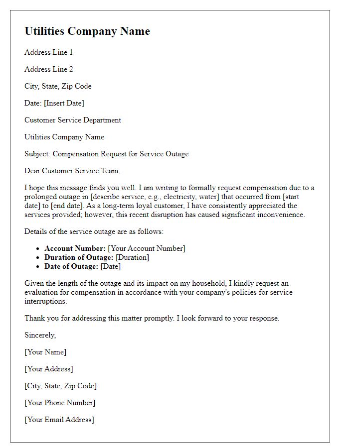 Letter template of utility service outage compensation request for long-term customers