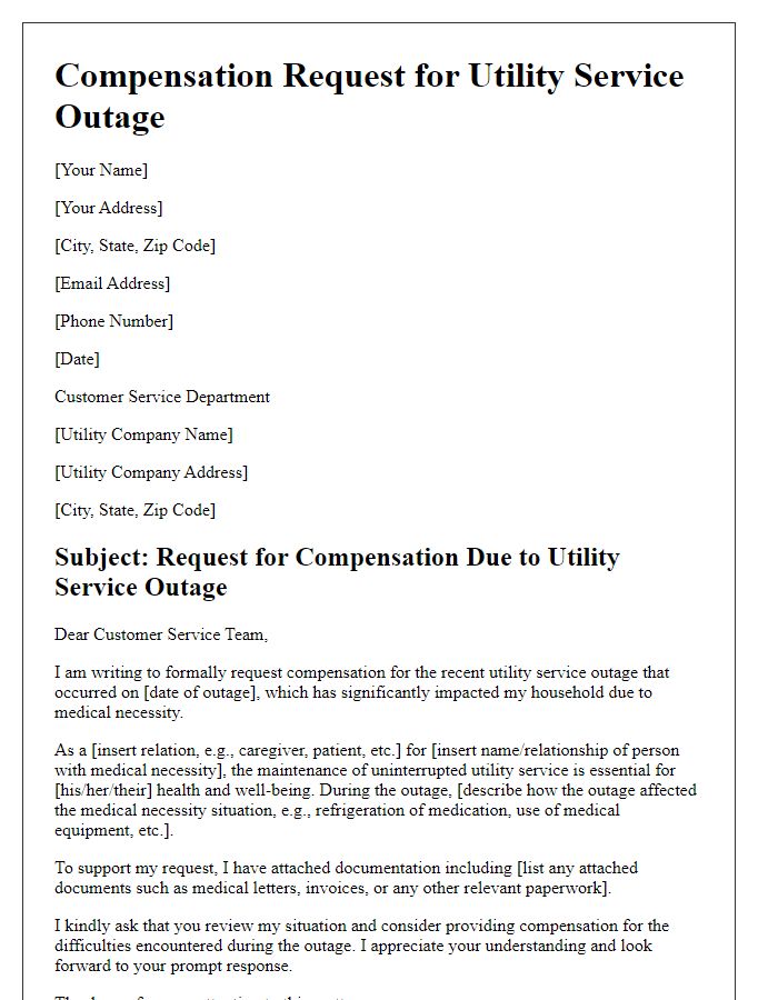 Letter template of utility service outage compensation request for medical necessity situations