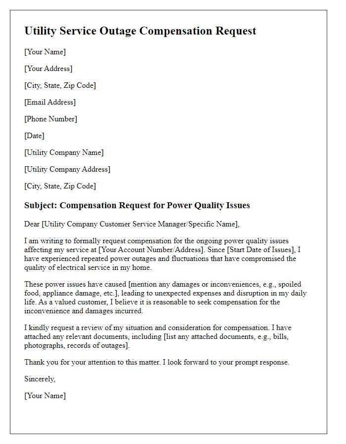 Letter template of utility service outage compensation request for power quality issues