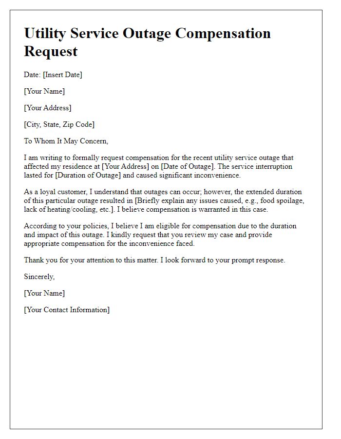 Letter template of utility service outage compensation request for residential customers