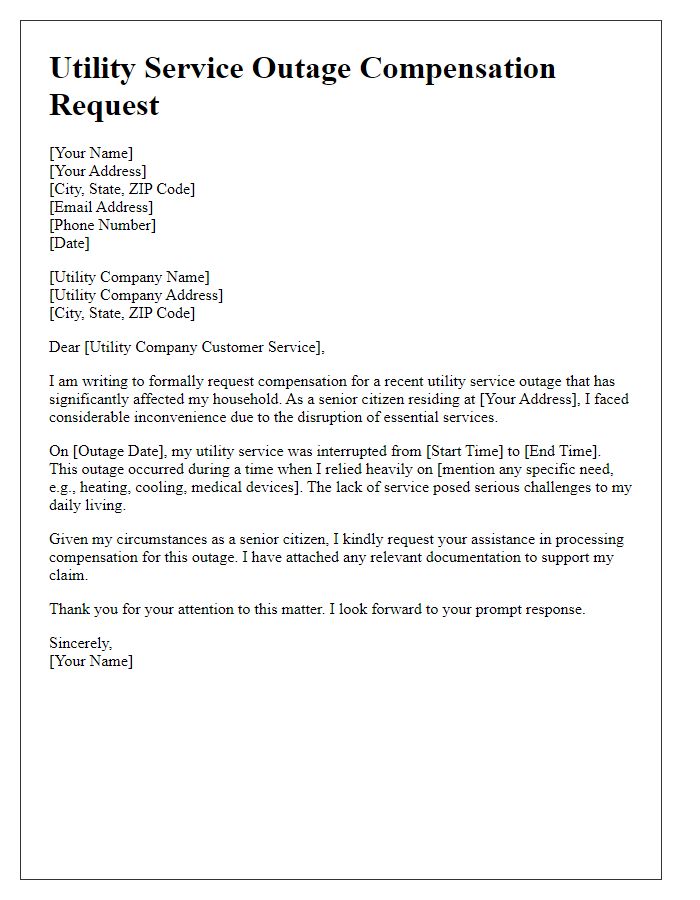 Letter template of utility service outage compensation request for senior citizens