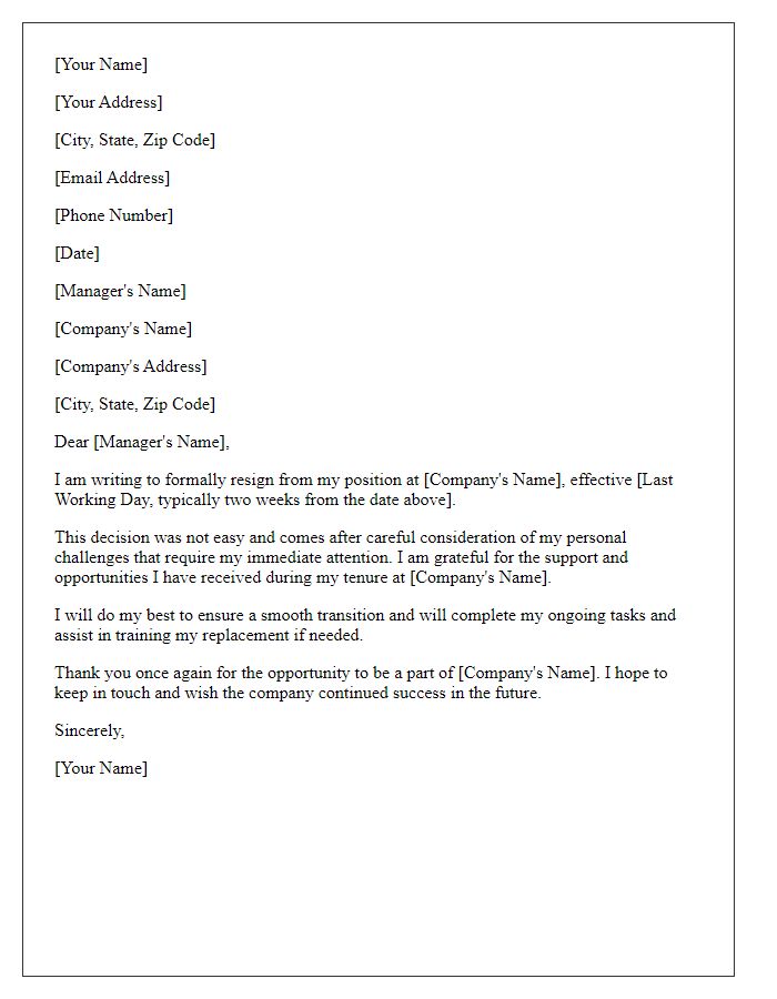 Letter template of leaving employment due to personal challenges