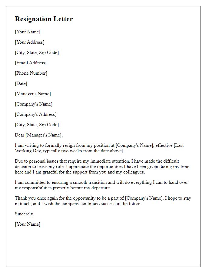 Letter template of quitting position for personal issues