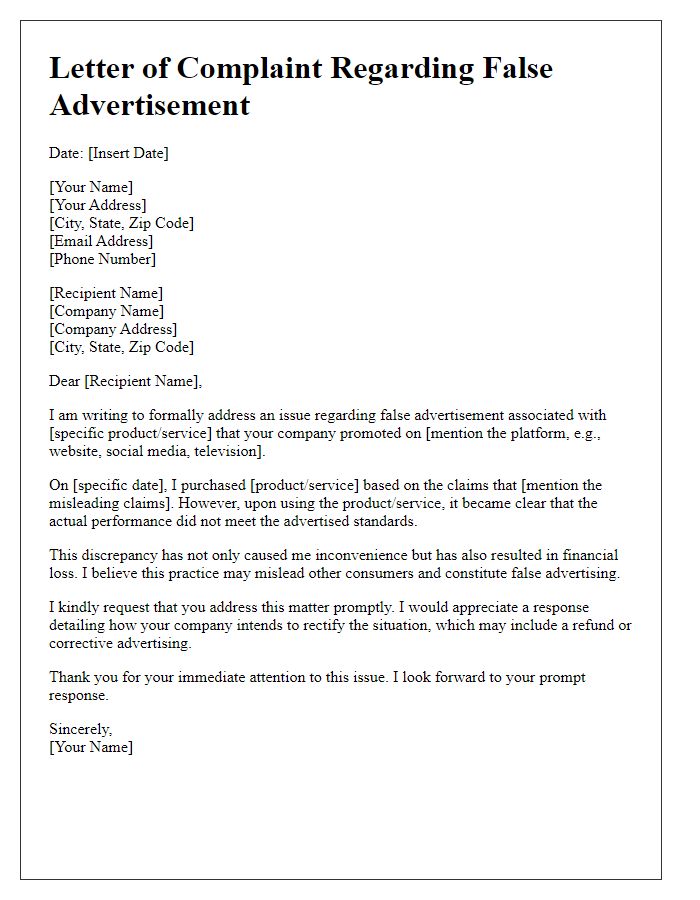 Letter template of false advertisement issue