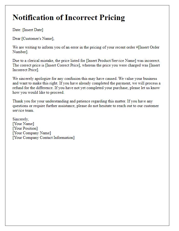 Letter template of incorrect pricing notification