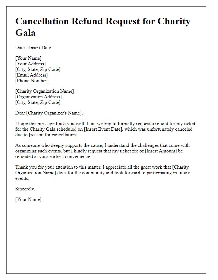 Letter template of event cancellation refund request for a charity gala