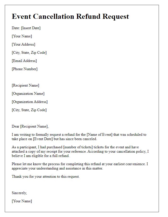 Letter template of event cancellation refund request for a community event