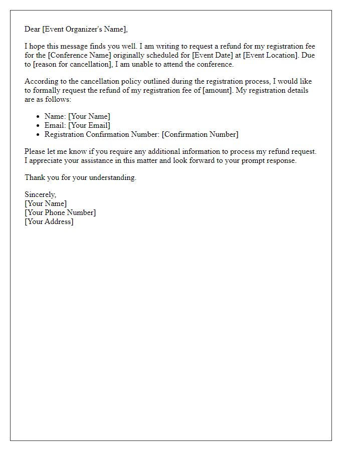 Letter template of event cancellation refund request for a conference