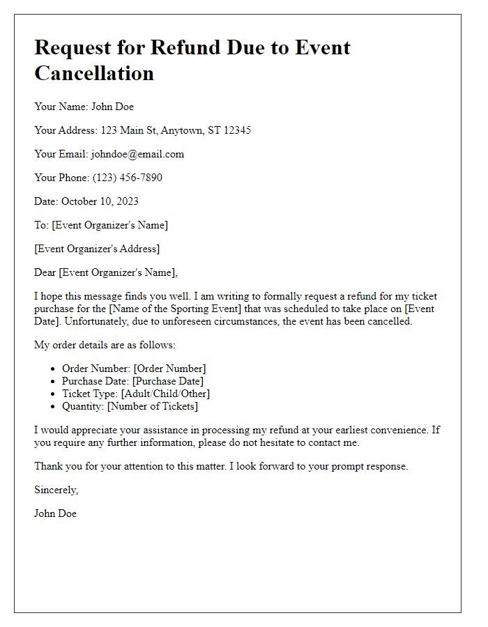 Letter template of event cancellation refund request for a sporting event