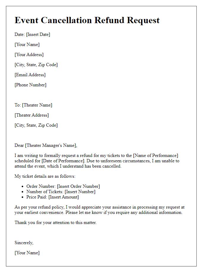 Letter template of event cancellation refund request for a theater performance