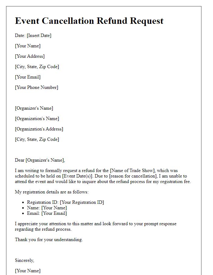 Letter template of event cancellation refund request for a trade show