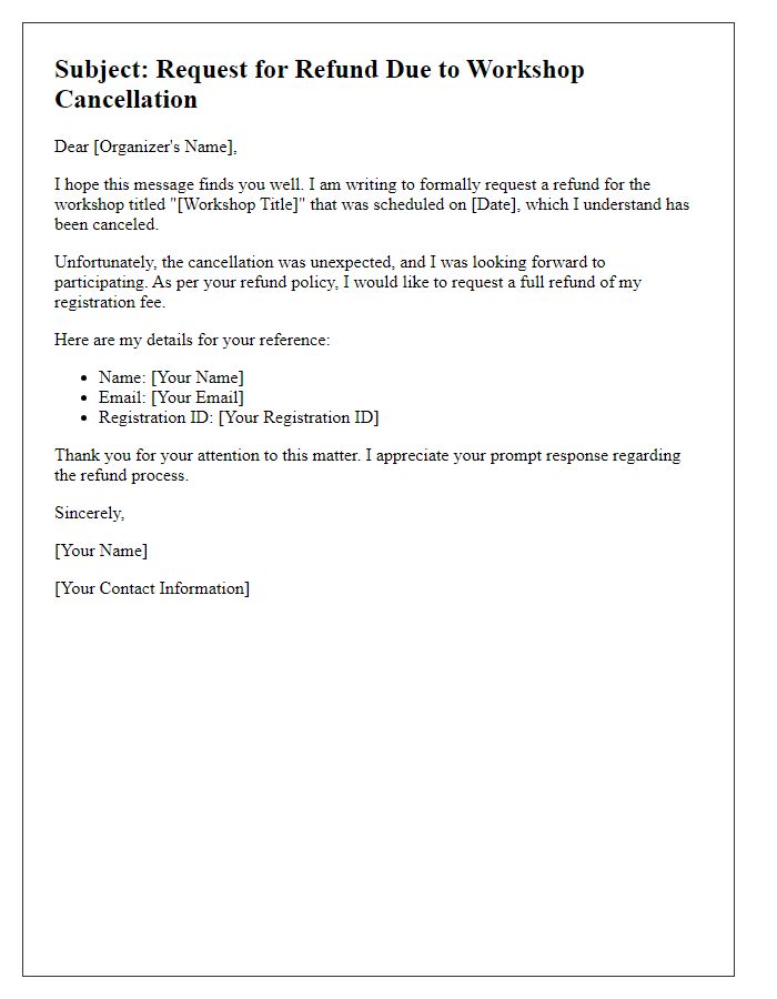 Letter template of event cancellation refund request for a workshop