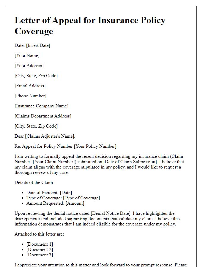 Letter template of insurance policy coverage appeal.