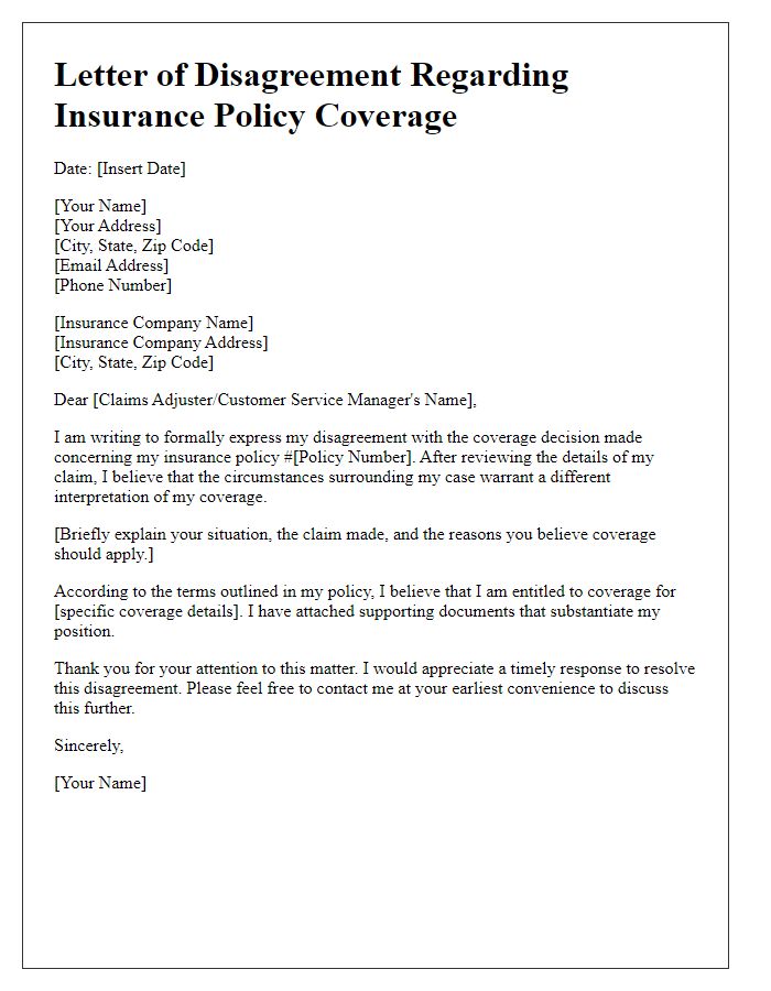 Letter template of insurance policy coverage disagreement.