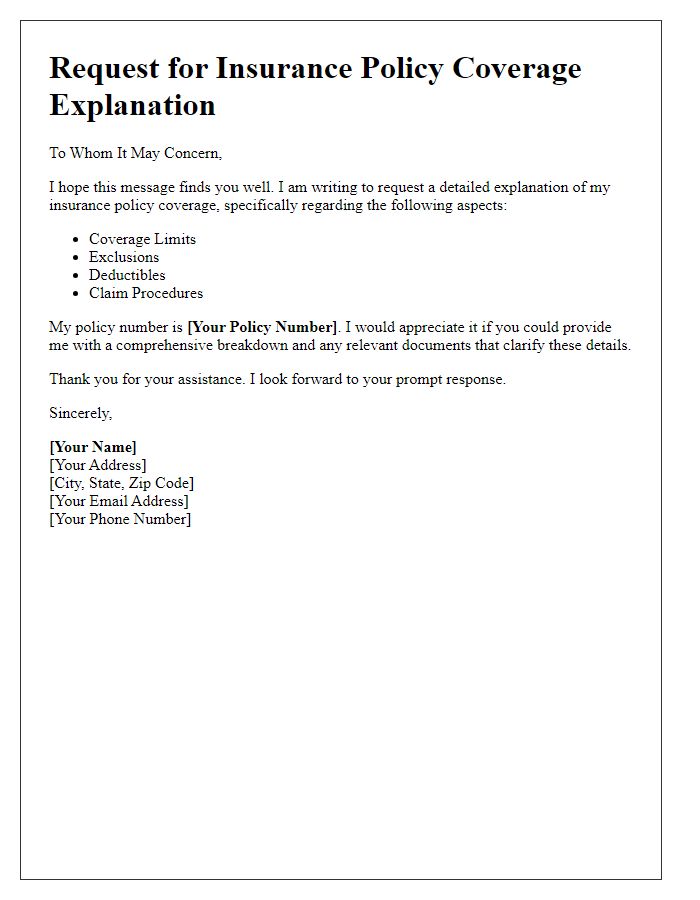 Letter template of insurance policy coverage explanation request.