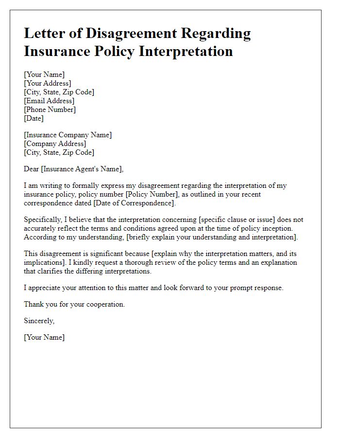 Letter template of insurance policy interpretation disagreement.