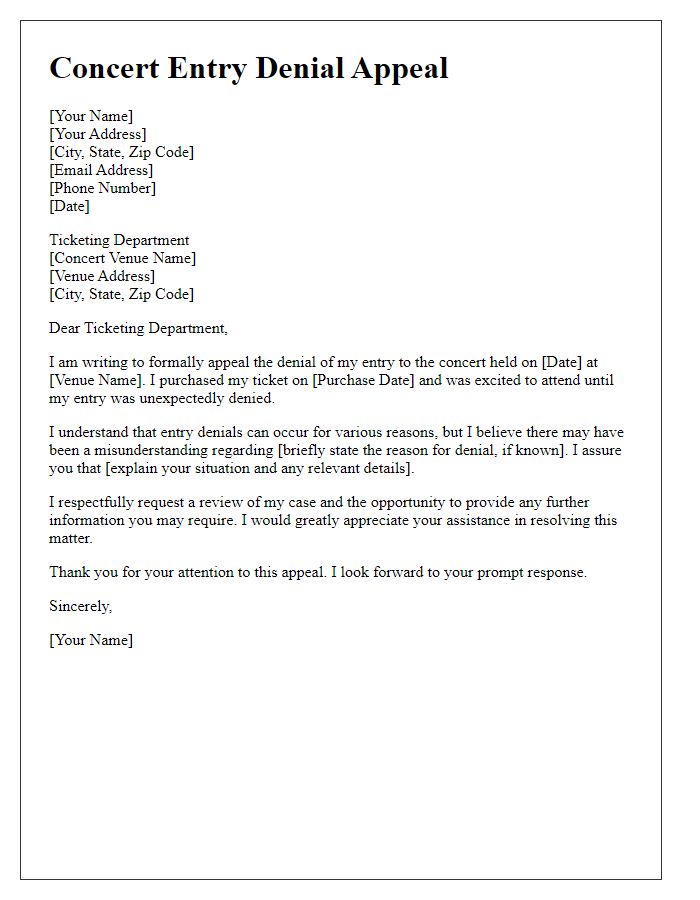 Letter template of concert entry denial appeal