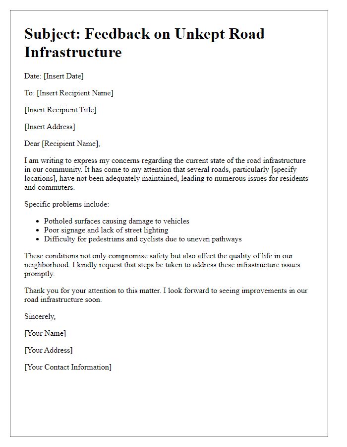 Letter template of feedback on unkept road infrastructure.