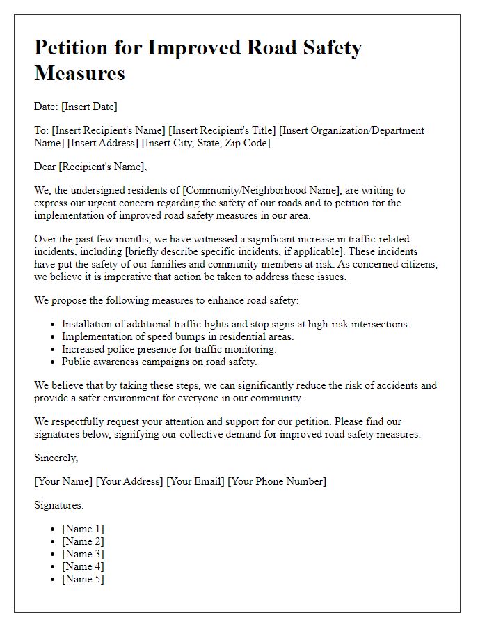 Letter template of petition for improved road safety measures.