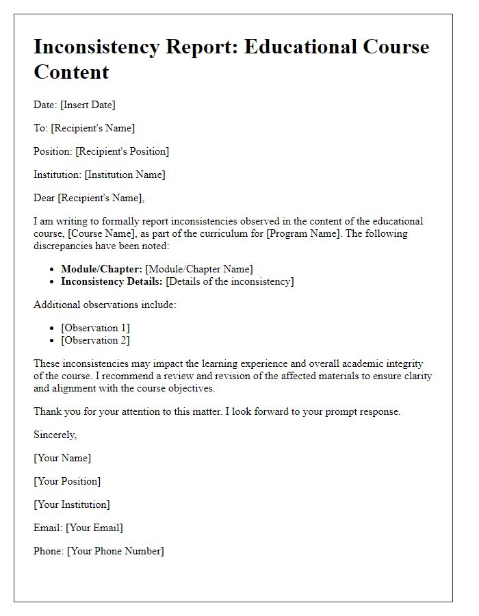 Letter template of educational course content inconsistency report.