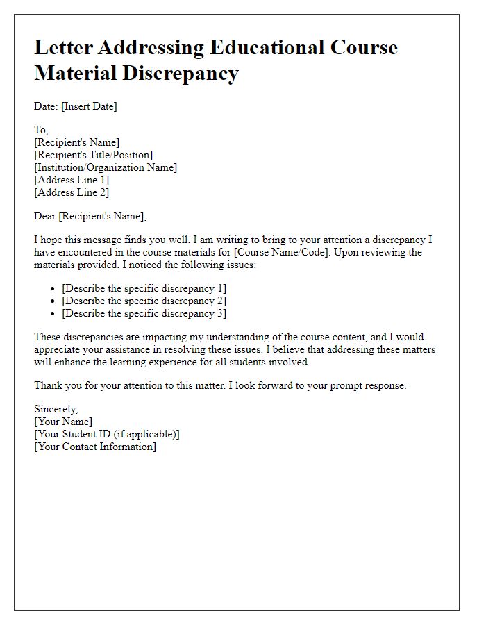 Letter template of educational course material discrepancy address.