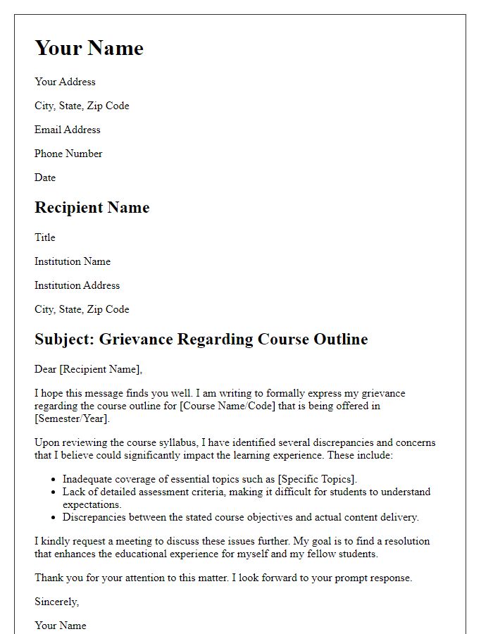 Letter template of educational course outline grievance.