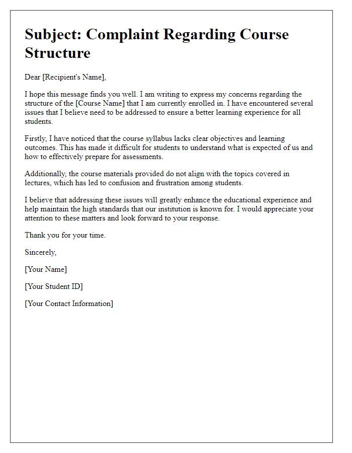 Letter template of educational course structure complaint.