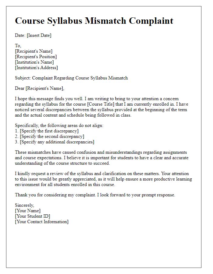 Letter template of educational course syllabus mismatch complaint.