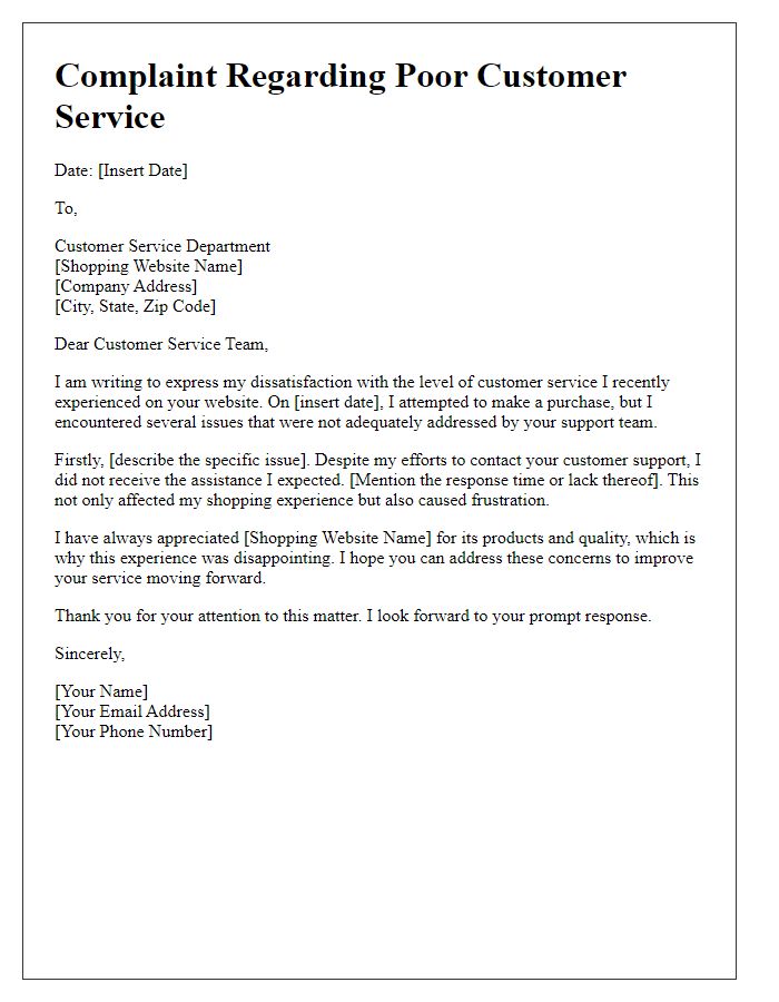 Letter template of shopping website complaint about poor customer service.