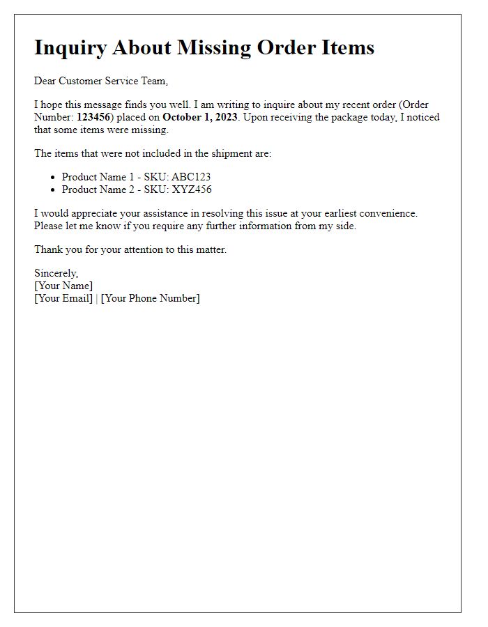 Letter template of shopping website inquiry about missing order items.
