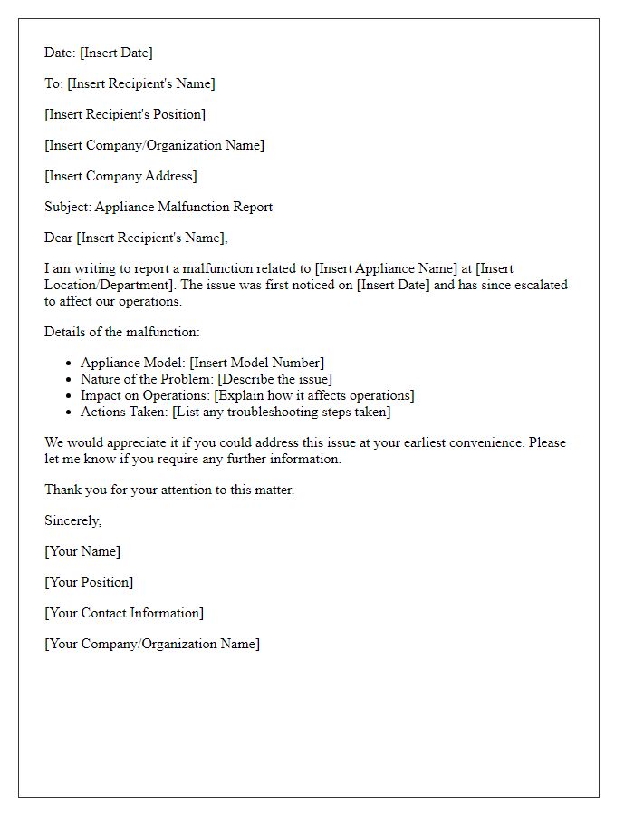 Letter template of appliance malfunction report