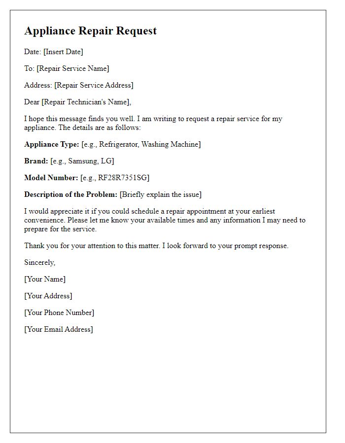 Letter template of appliance repair request