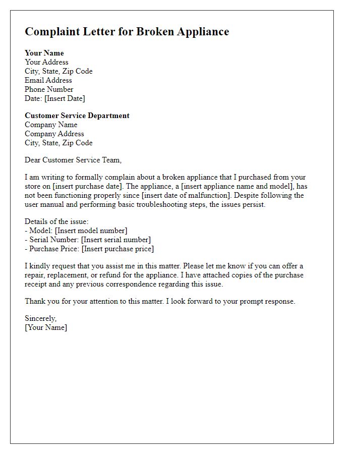 Letter template of broken appliance complaint