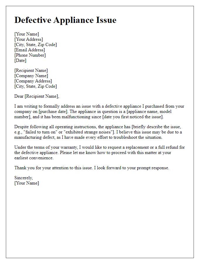 Letter template of defective appliance issue