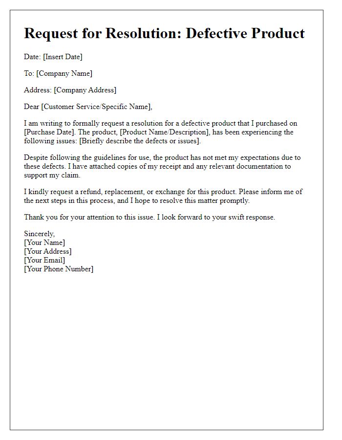 Letter template of defective product resolution request