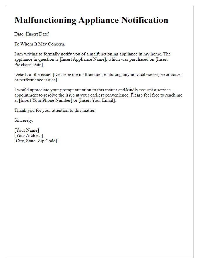 Letter template of malfunctioning appliance notification