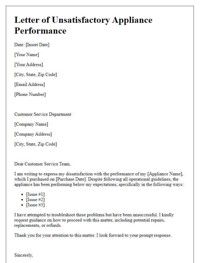 Letter template of unsatisfactory appliance performance