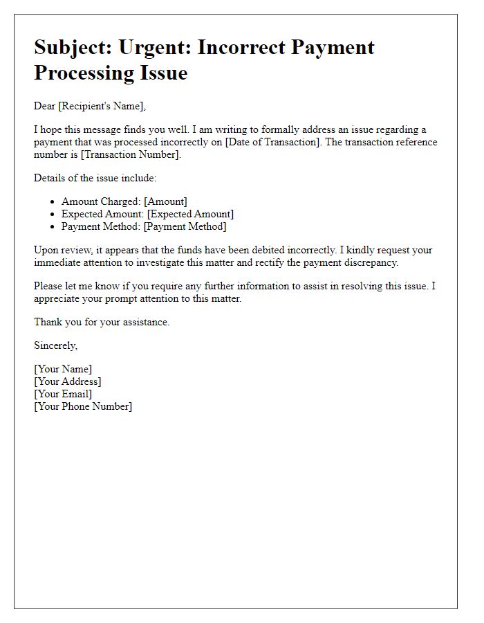 Letter template of financial service incorrect payment processing issue