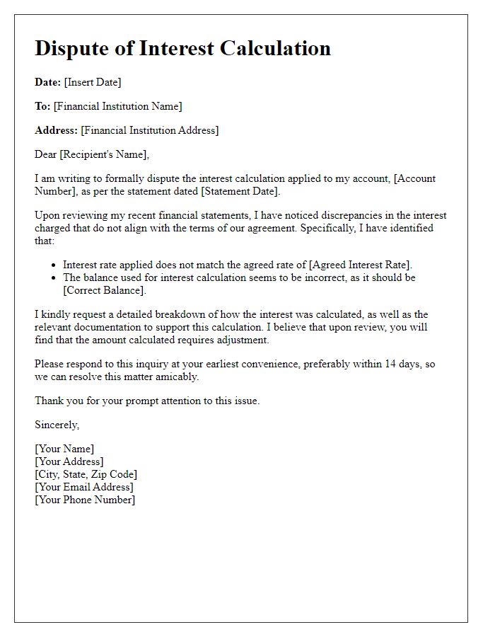 Letter template of financial service interest calculation dispute