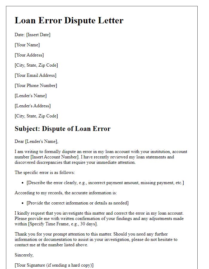 Letter template of financial service loan error dispute