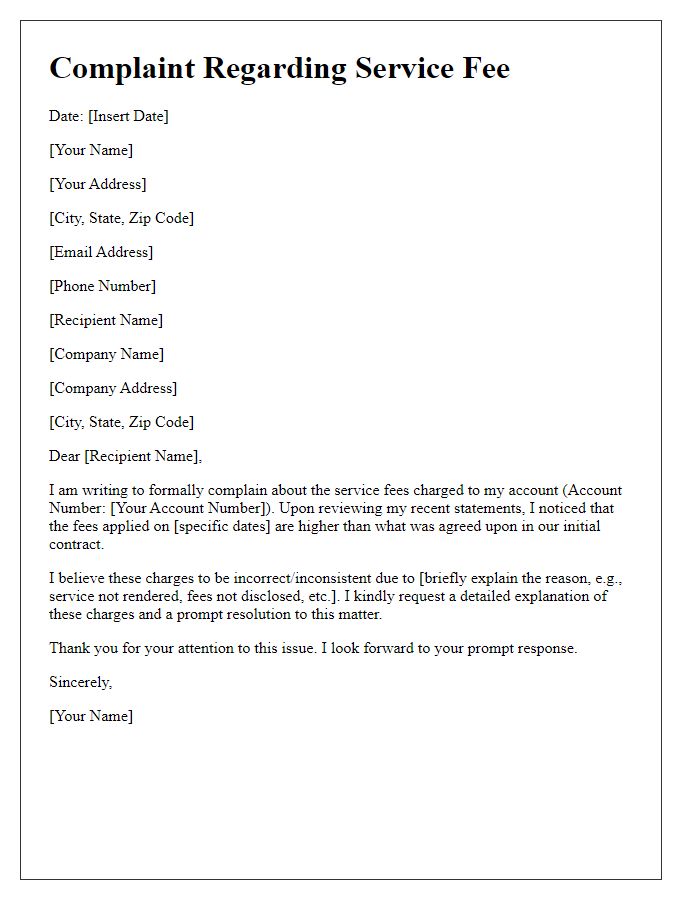 Letter template of financial service service fee complaint
