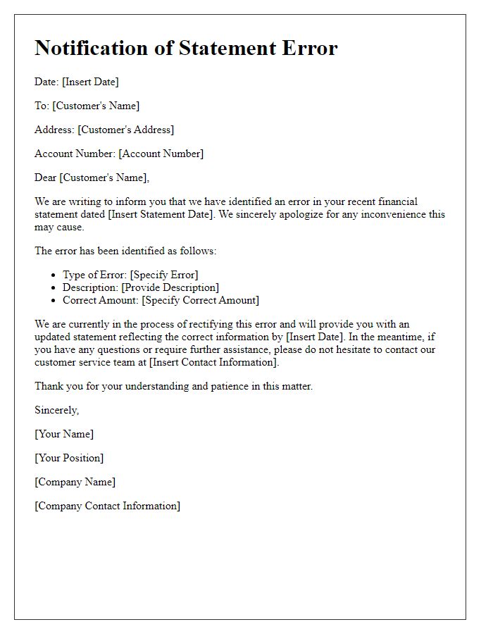 Letter template of financial service statement error notification
