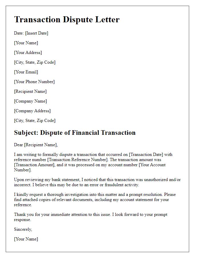 Letter template of financial service transaction dispute