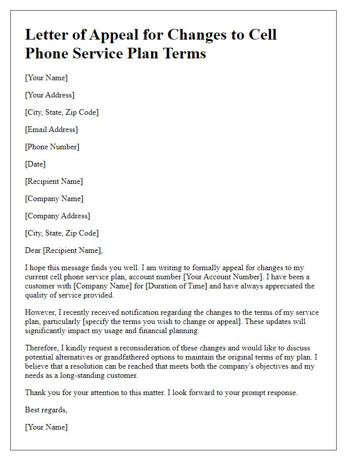 Letter template of appeal for changes to cell phone service plan terms