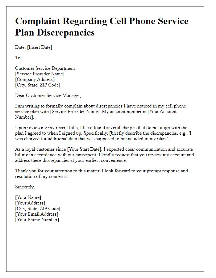 Letter template of complaint regarding cell phone service plan discrepancies